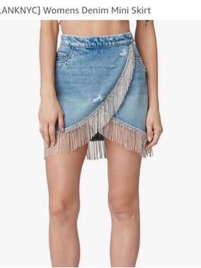 BLANKYC denim mink skirt with rhinestone fringe